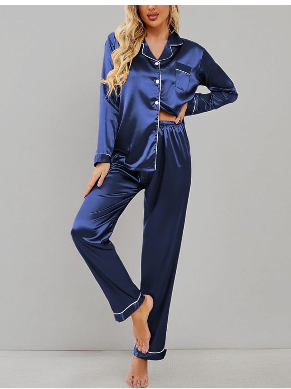 Amazon Navy Satin Button-Down Pajama Set